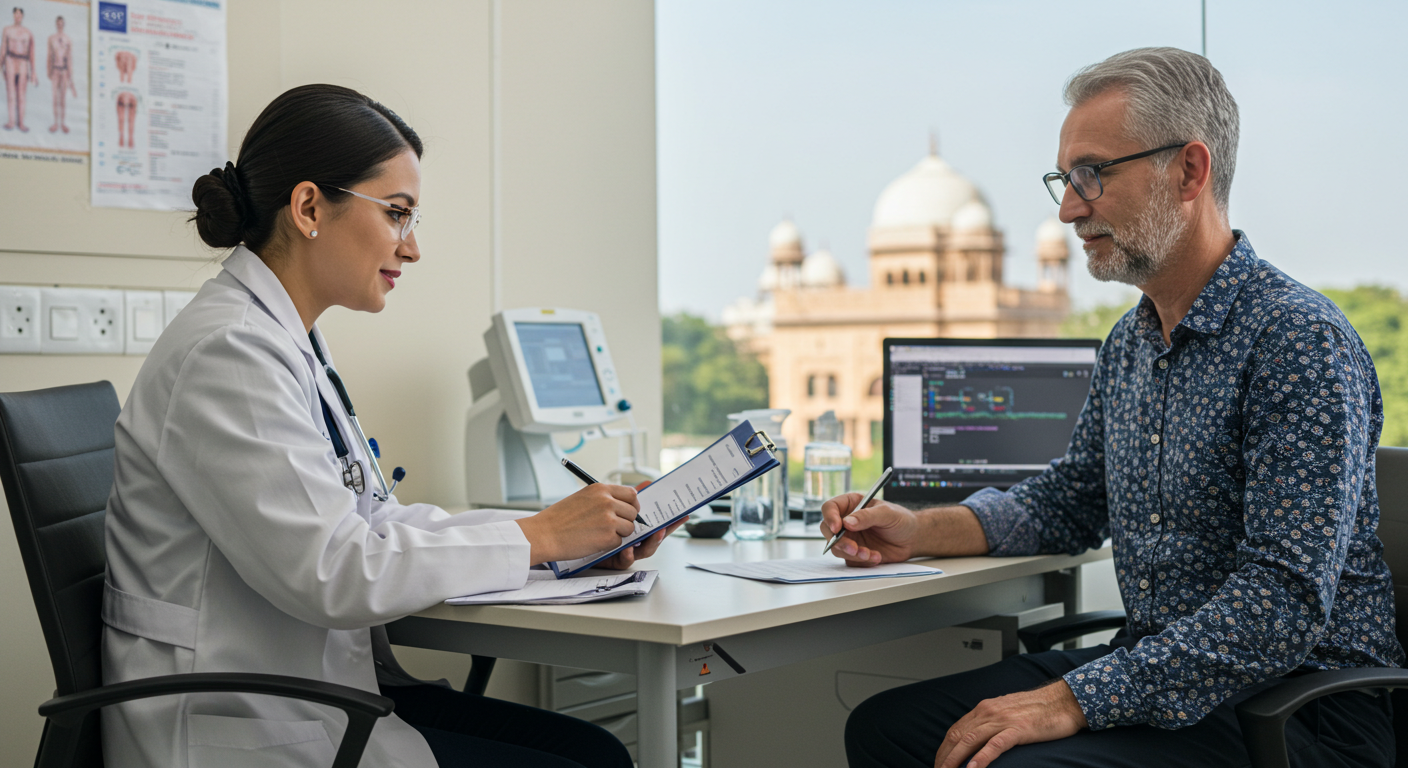 Medical tourism. Indian doctor with a Uk satisfied patient
