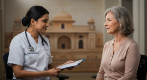 Indian doctor with a white patient- First Health Check