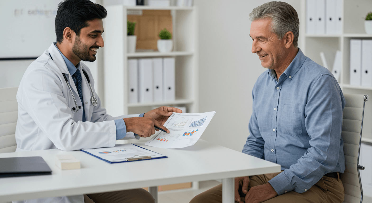 Indian doctor going over the health assessment reports with a client in India.