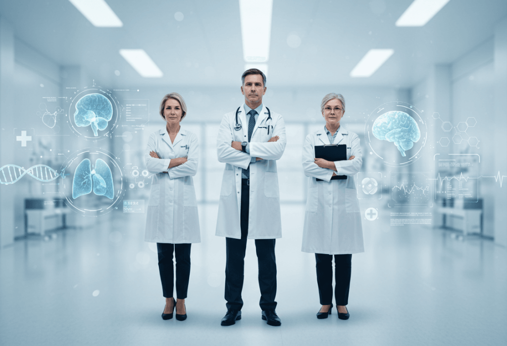 A team of Doctors in a medical environment ready for their next private health assessment client