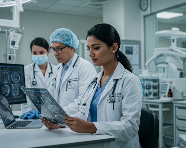 Doctors examining medical reports to catch things early in health assessment