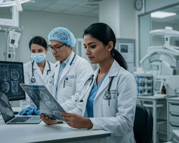 Doctors examining medical reports to catch things early in health assessment