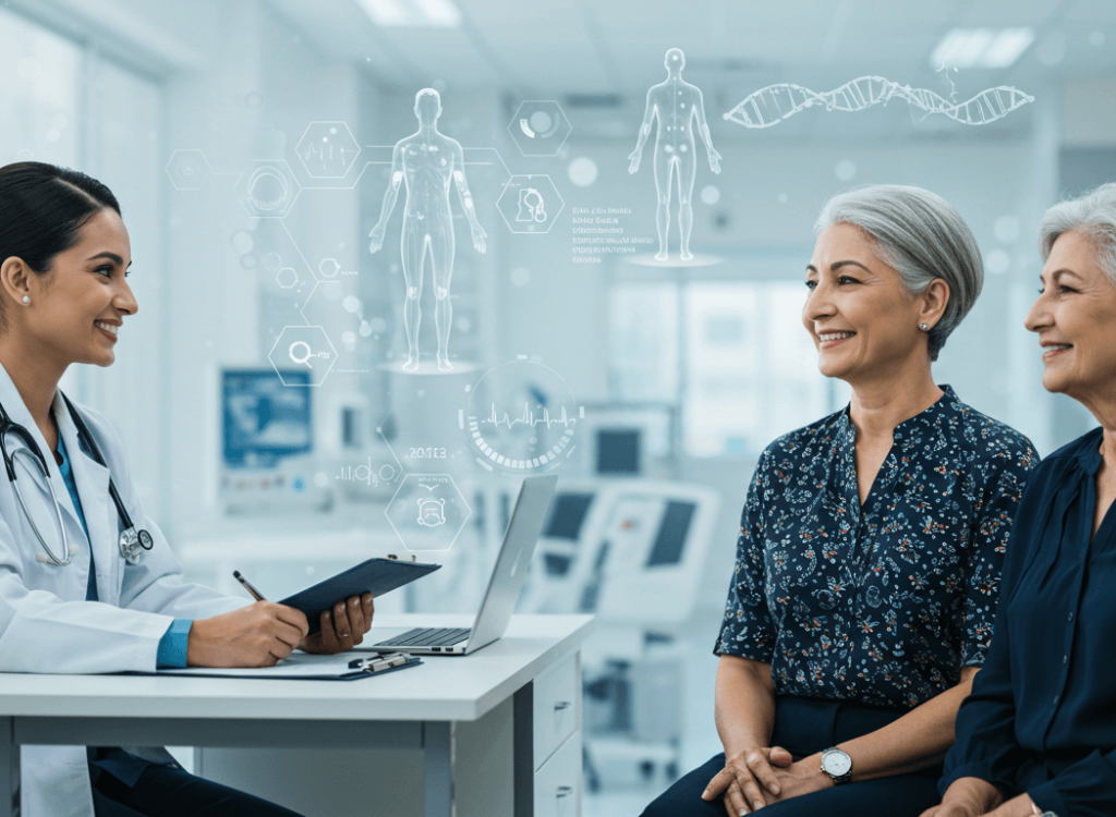 Doctor sat talking with two patients regarding their private health assessment